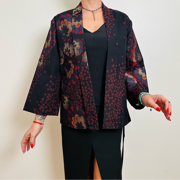 Chico's Black Floral Kimono Blazer Jacket Boho - Picture 5 of 10